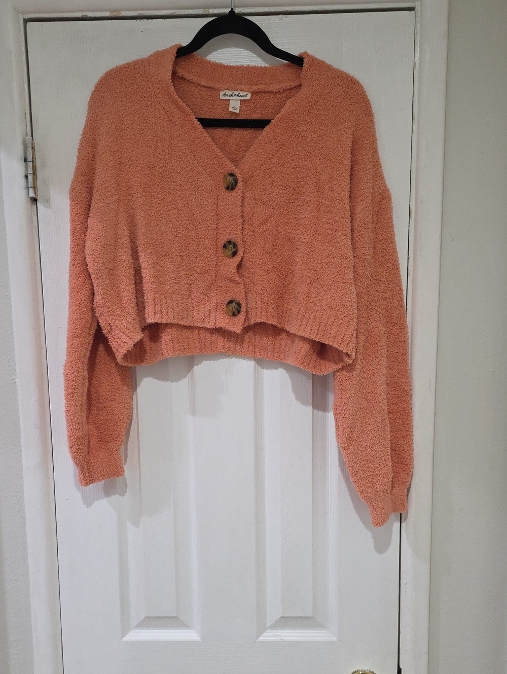 Derek Heart Peach Coral Textured Cropped Button Cardigan